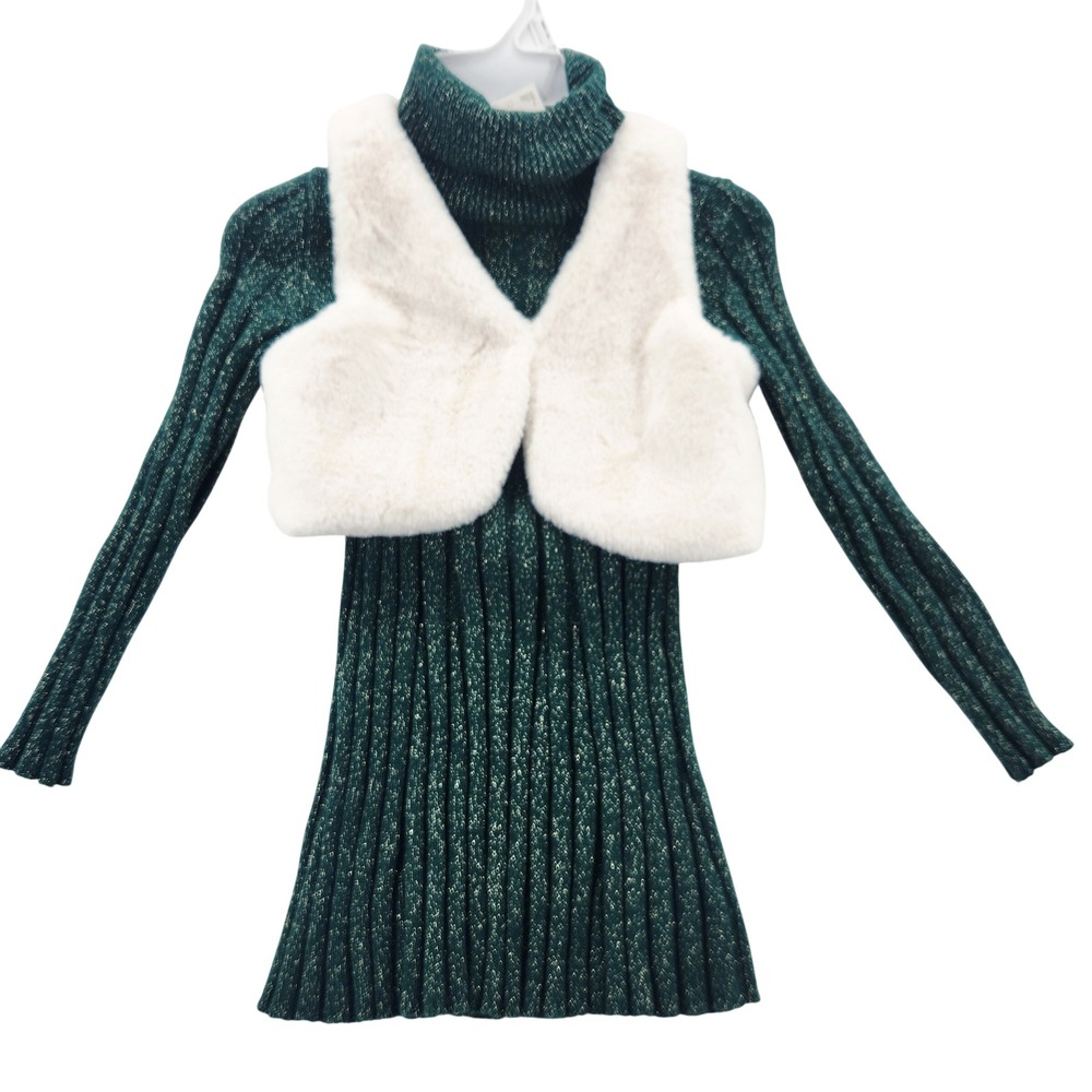Rachel Zoe Girls Green Metallic Ribbed‎ Sweater Dress and Faux Fur Vest Set 5/6